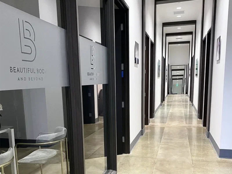 Treatment-room hallway at Beautiful Body and Beyond in Corona, CA