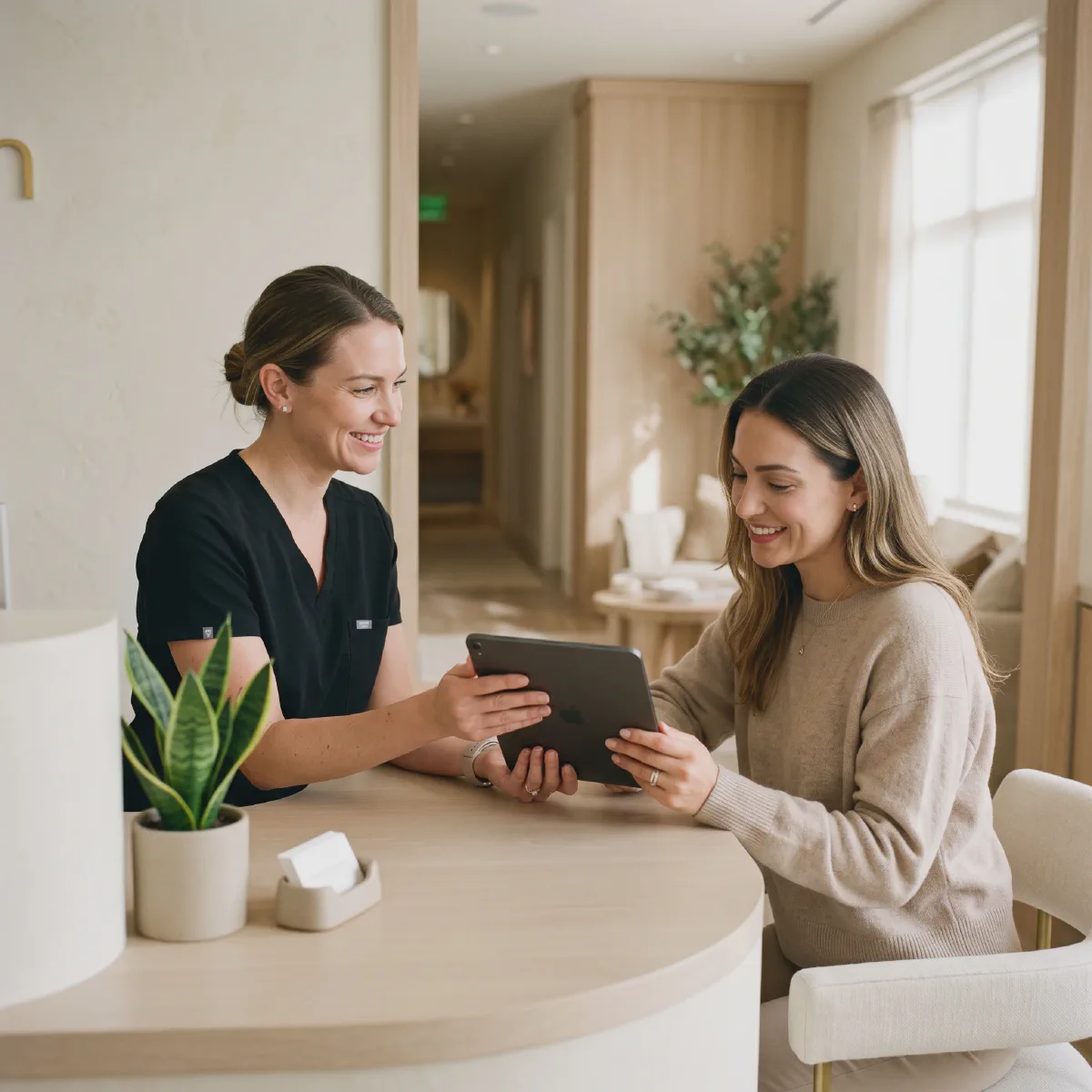 Front-desk coordinator handing a tablet to a smiling client to review a payment plan at Beautiful Body and Beyond