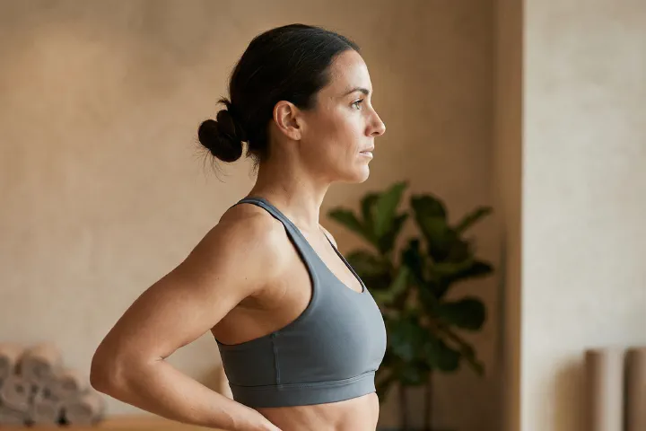 Woman in athletic wear showing a toned, sculpted midsection after non-surgical body contouring in Corona, CA