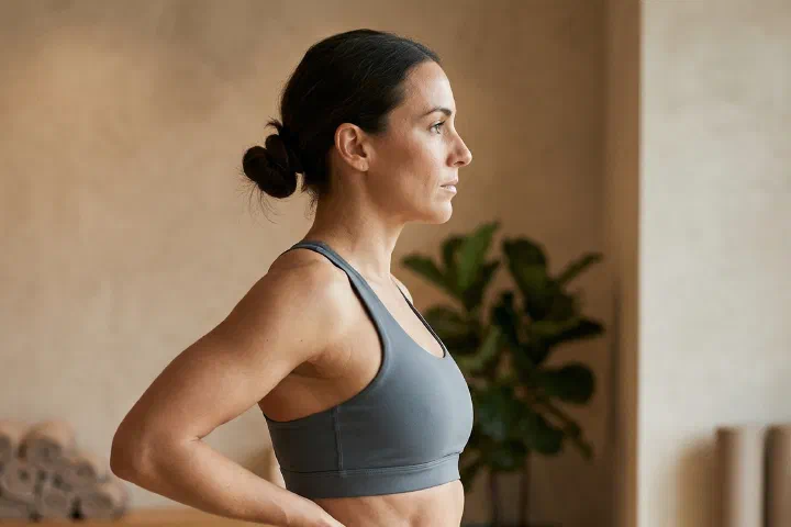 Woman in athletic wear showing a toned, sculpted midsection after non-surgical body contouring in Corona, CA