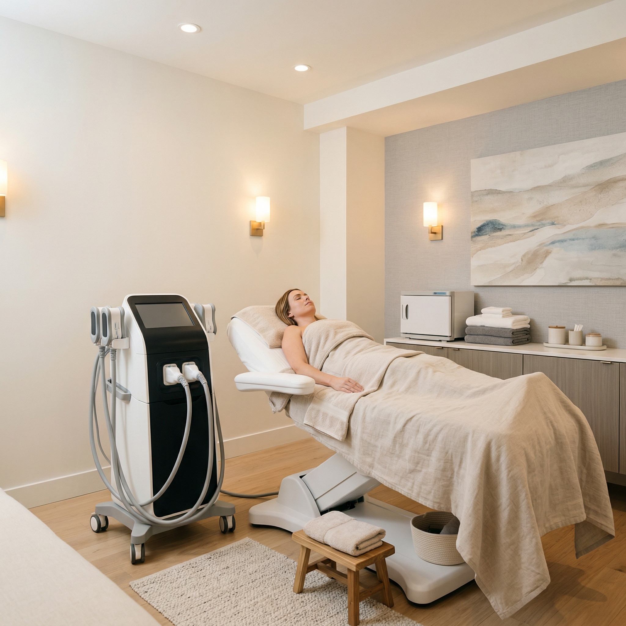 Medical professional applying CoolSculpting applicator to client's abdomen during non-surgical fat reduction treatment