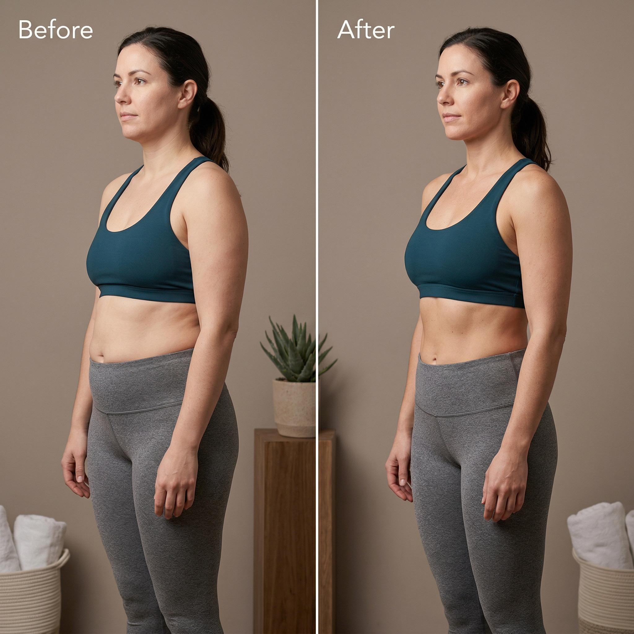 Before and after comparison showing reduced waistline and improved body contours from CoolSculpting treatment