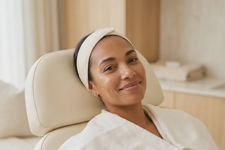 Smiling woman with a luminous, even-toned complexion relaxing in a treatment chair at Beautiful Body and Beyond in Corona, CA