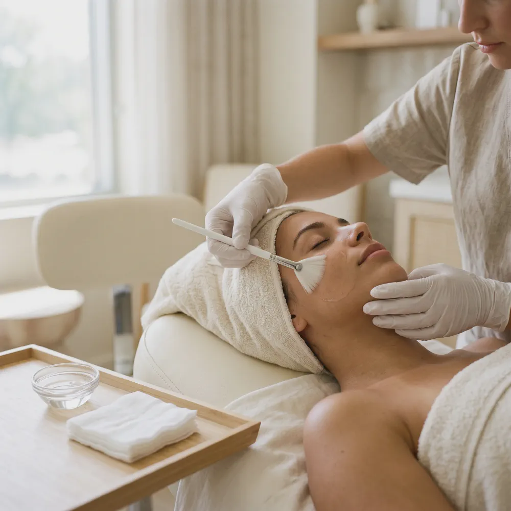 Gloved provider applying a chemical peel solution with a fan brush to a relaxed client's cheek