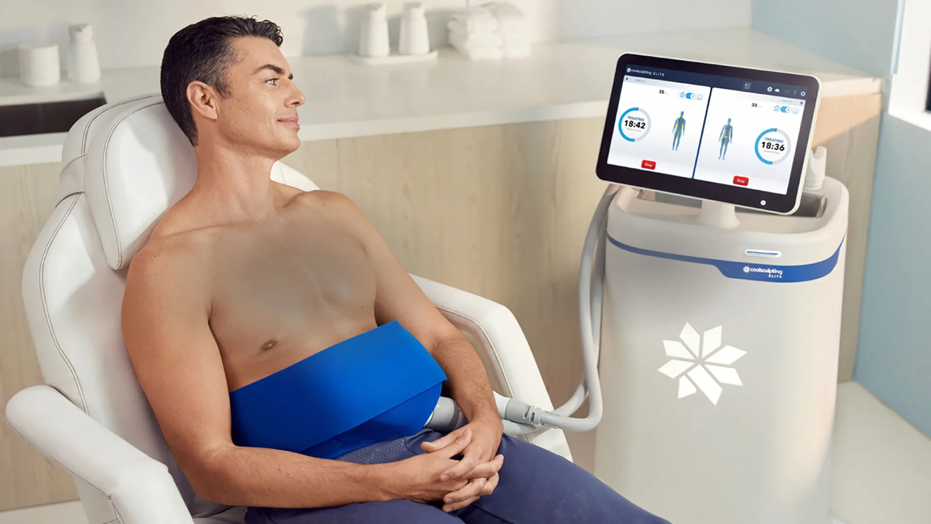 A gentleman getting treated with Coolsculpting Elite at Beautiful Body and Beyond