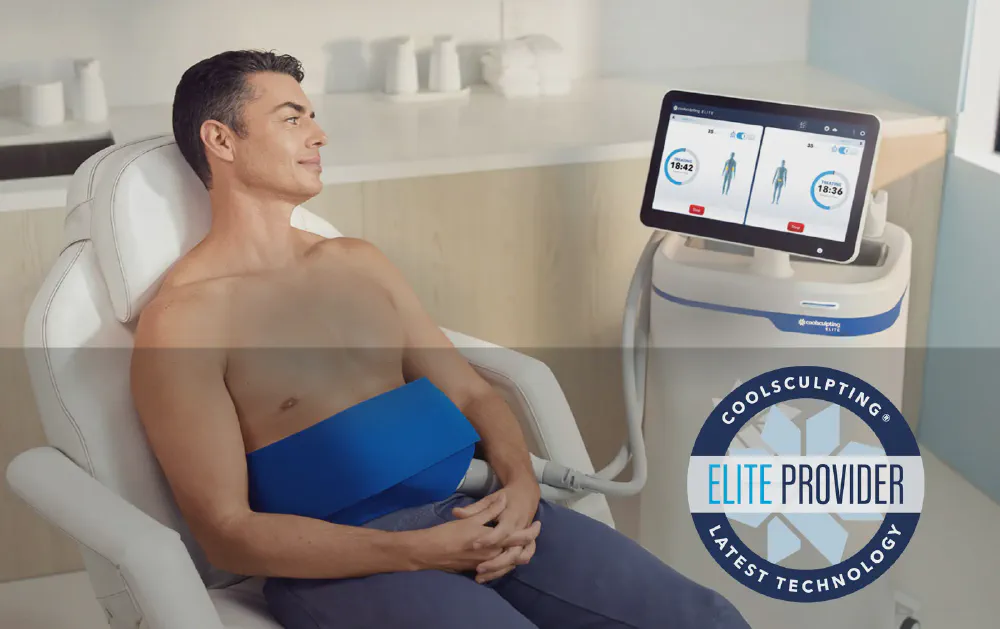 Patient relaxing during a CoolSculpting Elite treatment next to the Elite system, with the CoolSculpting Elite Provider badge