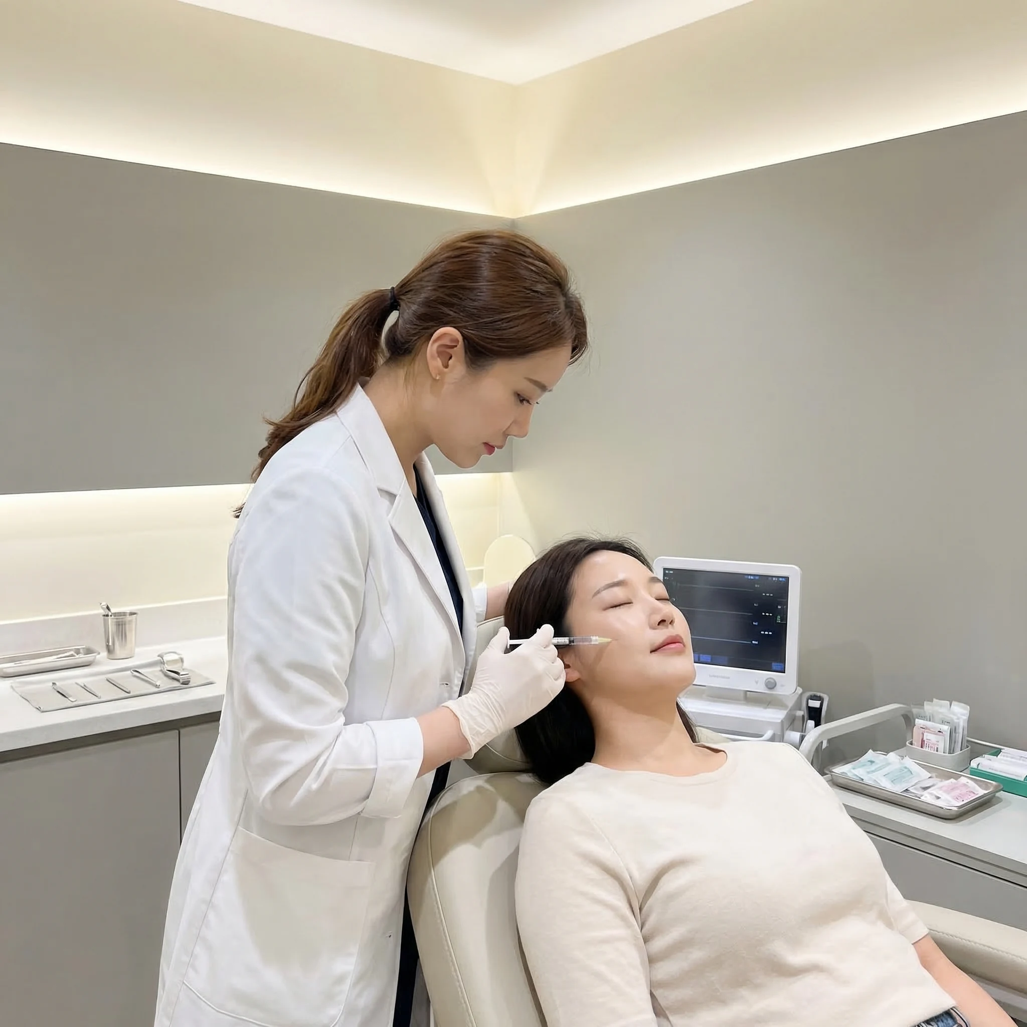 Professional aesthetic injector administering dermal filler treatment to woman at modern med spa