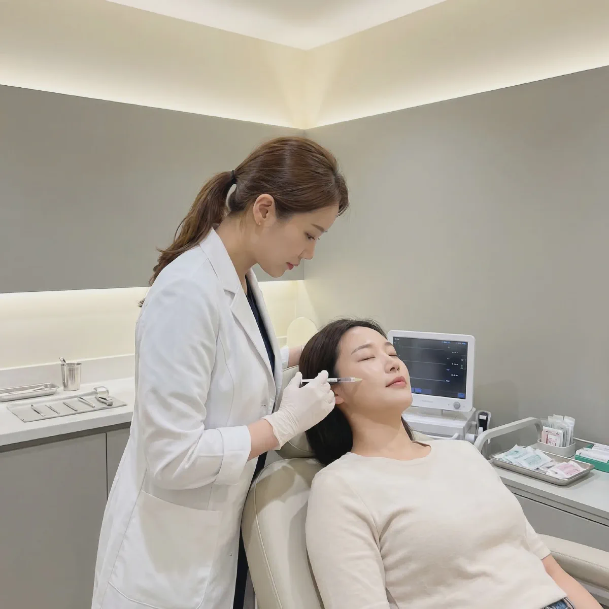Aesthetic injector administering a dermal filler treatment to a woman at Beautiful Body and Beyond in Corona, CA