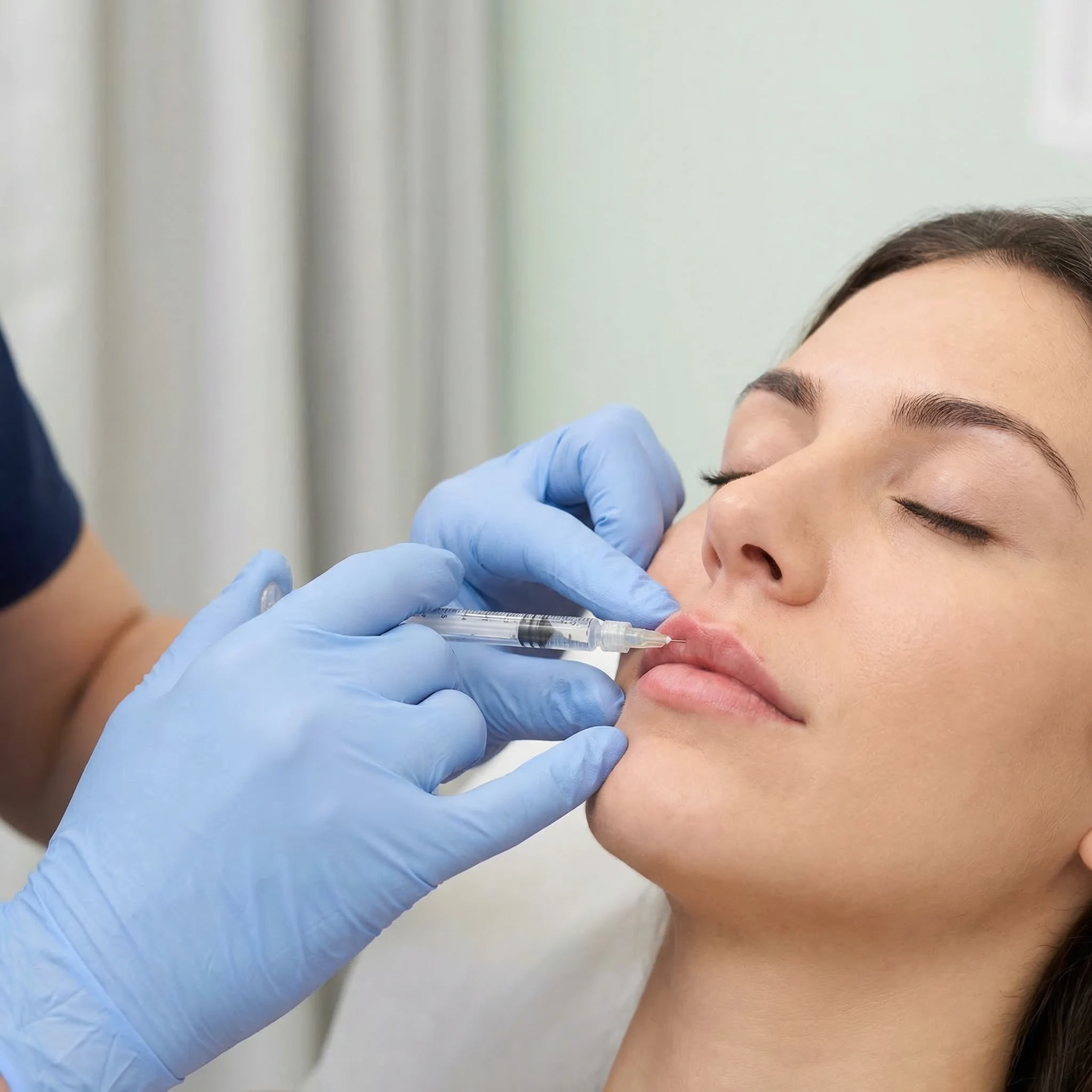 Close-up of medical professional carefully injecting dermal filler into patient's lip area