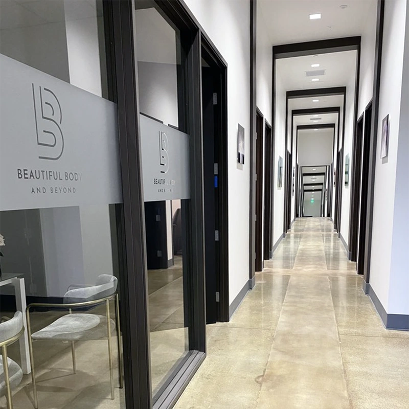 The treatment-room hallway at Beautiful Body and Beyond medical spa in Corona, CA