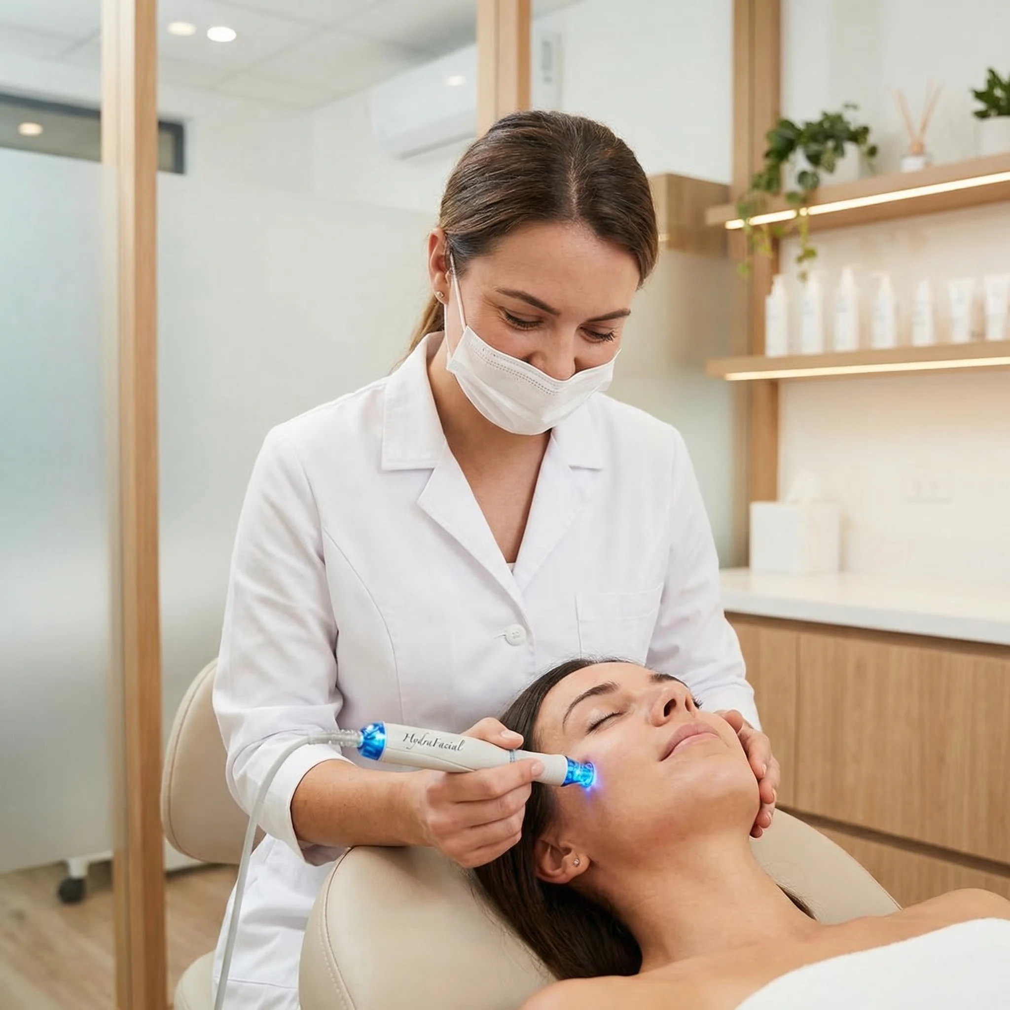 Professional aesthetician performing HydraFacial treatment on woman at modern med spa