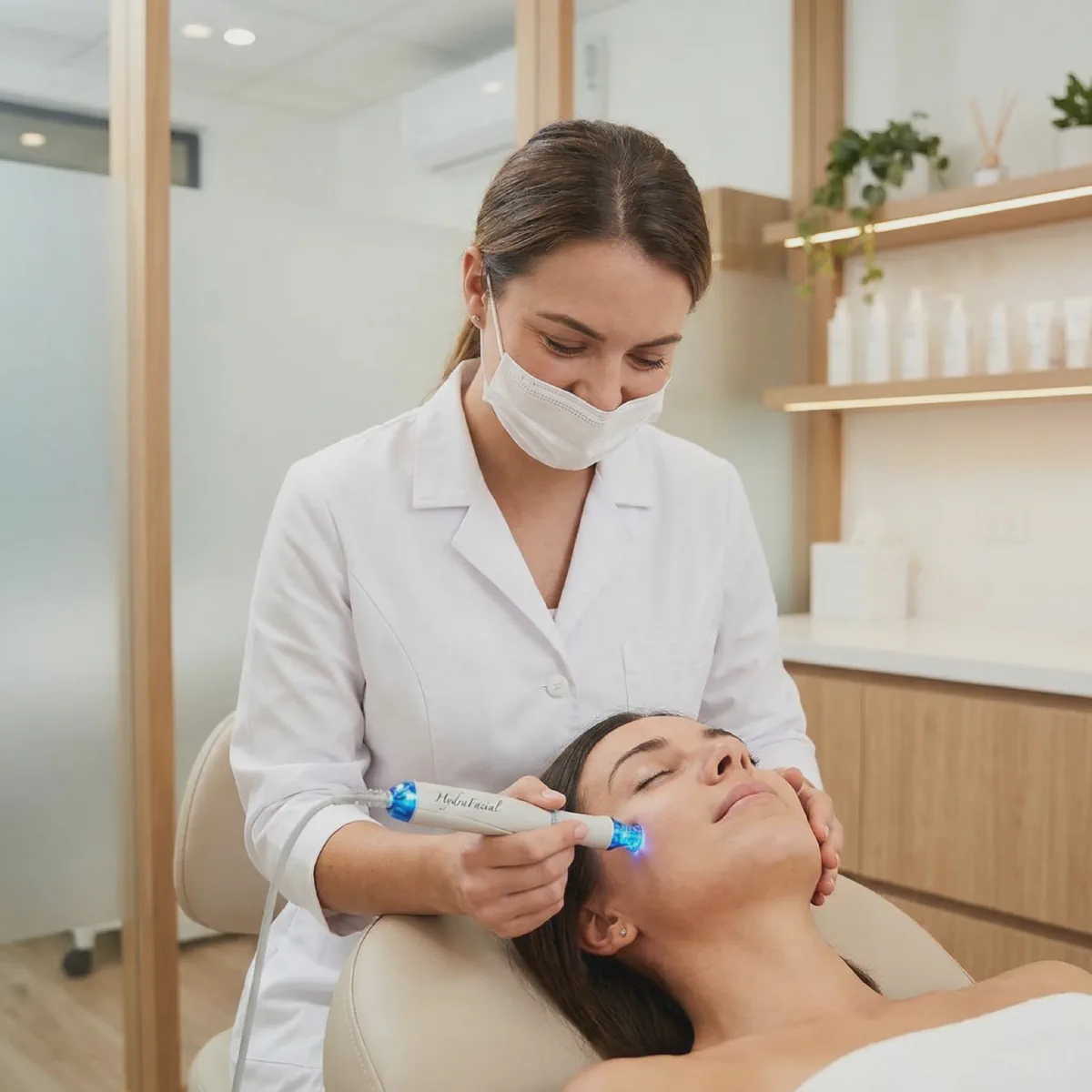Aesthetician performing a HydraFacial treatment on a woman at Beautiful Body and Beyond in Corona, CA