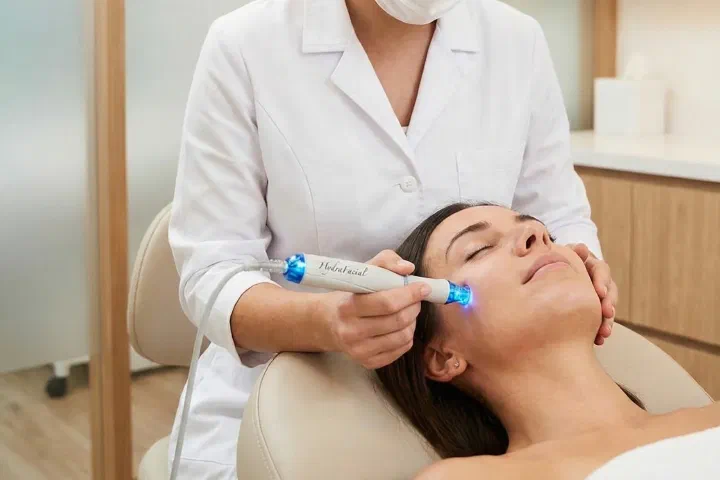 Aesthetician performing a HydraFacial treatment on a woman at Beautiful Body and Beyond in Corona, CA