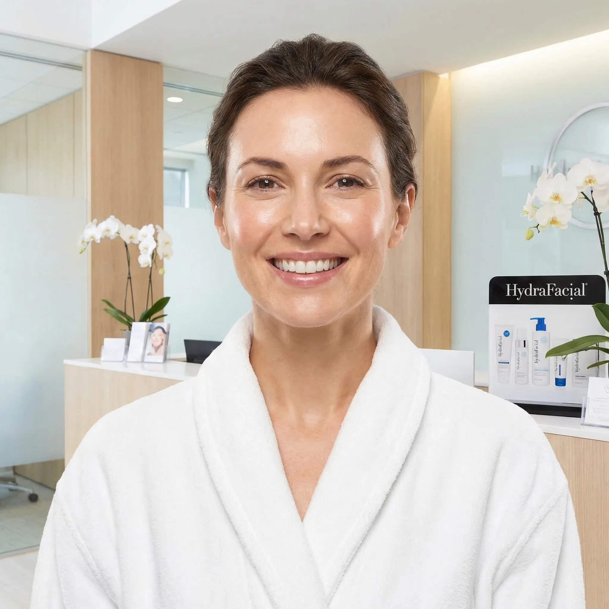 Happy woman with glowing radiant skin after HydraFacial treatment