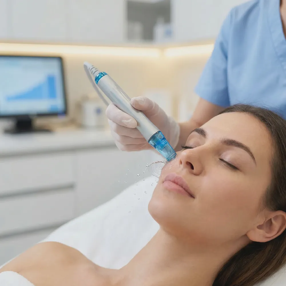 Close-up of the HydraFacial handpiece gliding across a client's cheek during treatment