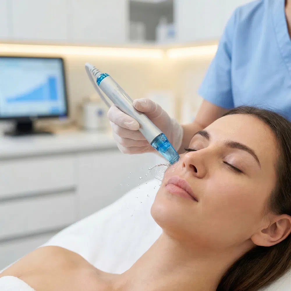 Close-up of the HydraFacial handpiece gliding across a client's cheek during treatment