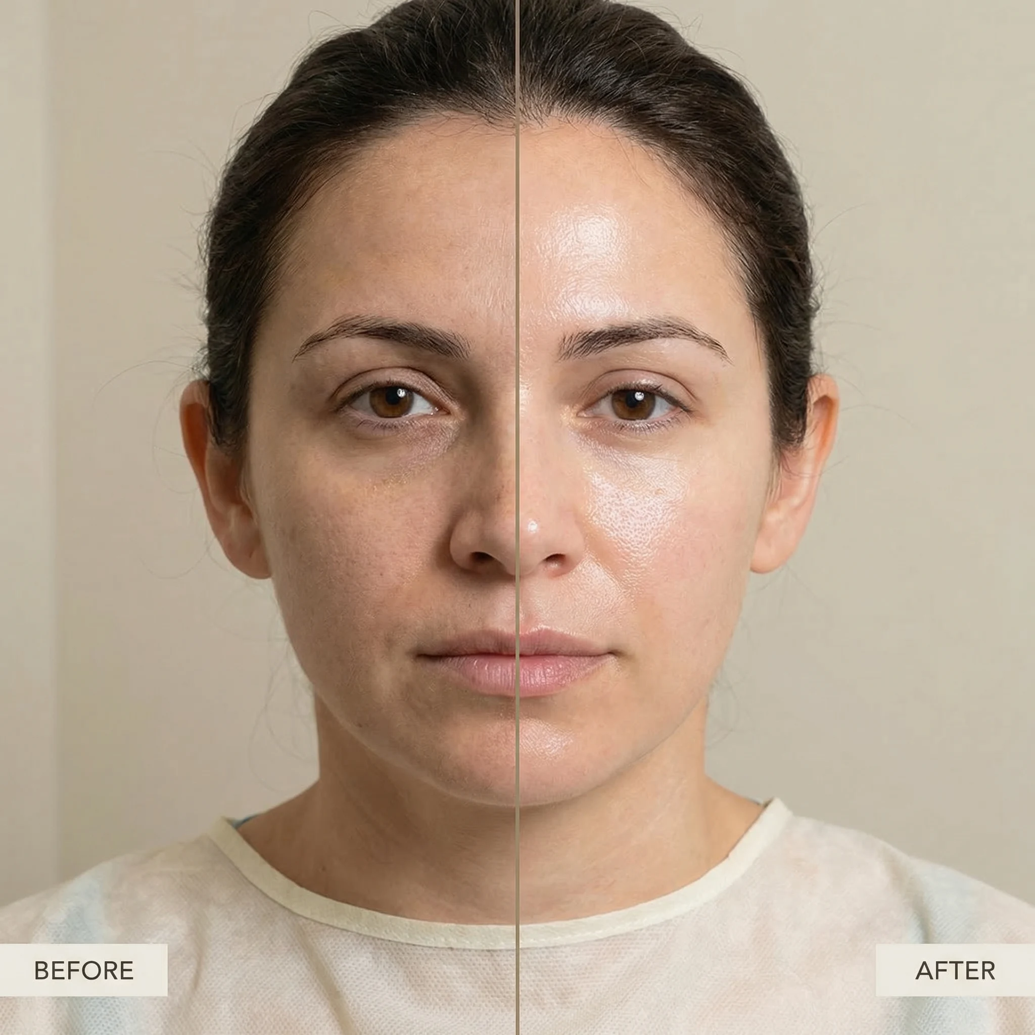 Before and after comparison showing glowing radiant skin from HydraFacial treatment