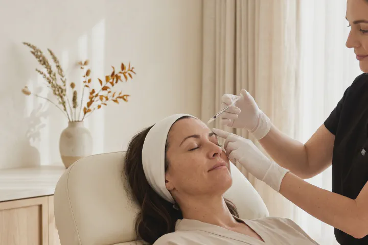 Provider holding a fine syringe above a relaxed client's brow for a neurotoxin treatment at Beautiful Body and Beyond in Corona, CA