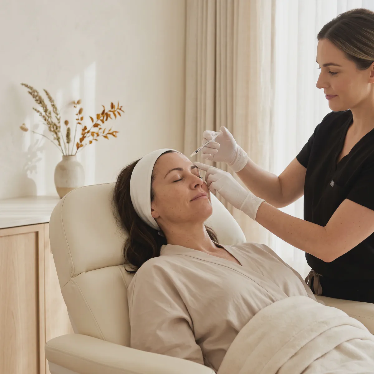 Provider holding a fine syringe above a relaxed client's brow for a neurotoxin treatment at Beautiful Body and Beyond in Corona, CA