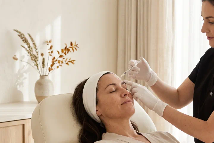 Provider holding a fine syringe above a relaxed client's brow for a neurotoxin treatment at Beautiful Body and Beyond in Corona, CA