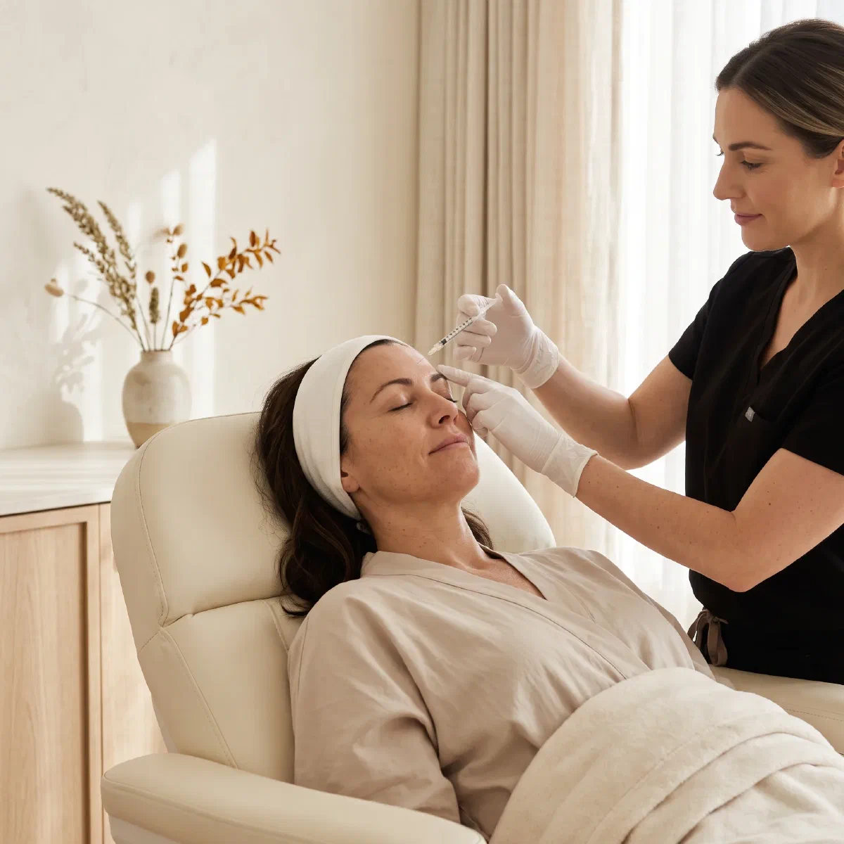 Provider holding a fine syringe above a relaxed client's brow for a neurotoxin treatment at Beautiful Body and Beyond in Corona, CA