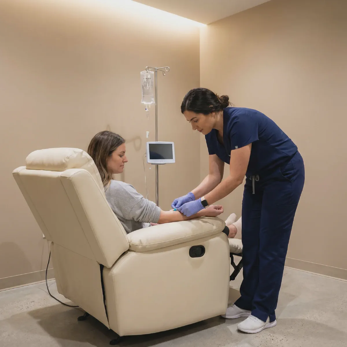 Nurse starting an IV hydration drip for a client relaxing in a treatment chair at Beautiful Body and Beyond