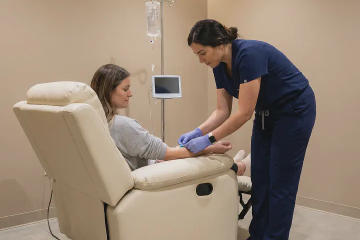 Nurse starting an IV hydration drip for a client relaxing in a treatment chair at Beautiful Body and Beyond