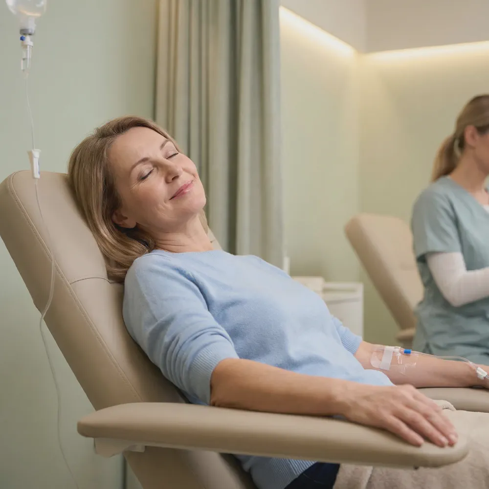 Relaxed client receiving IV therapy in a calm clinical setting