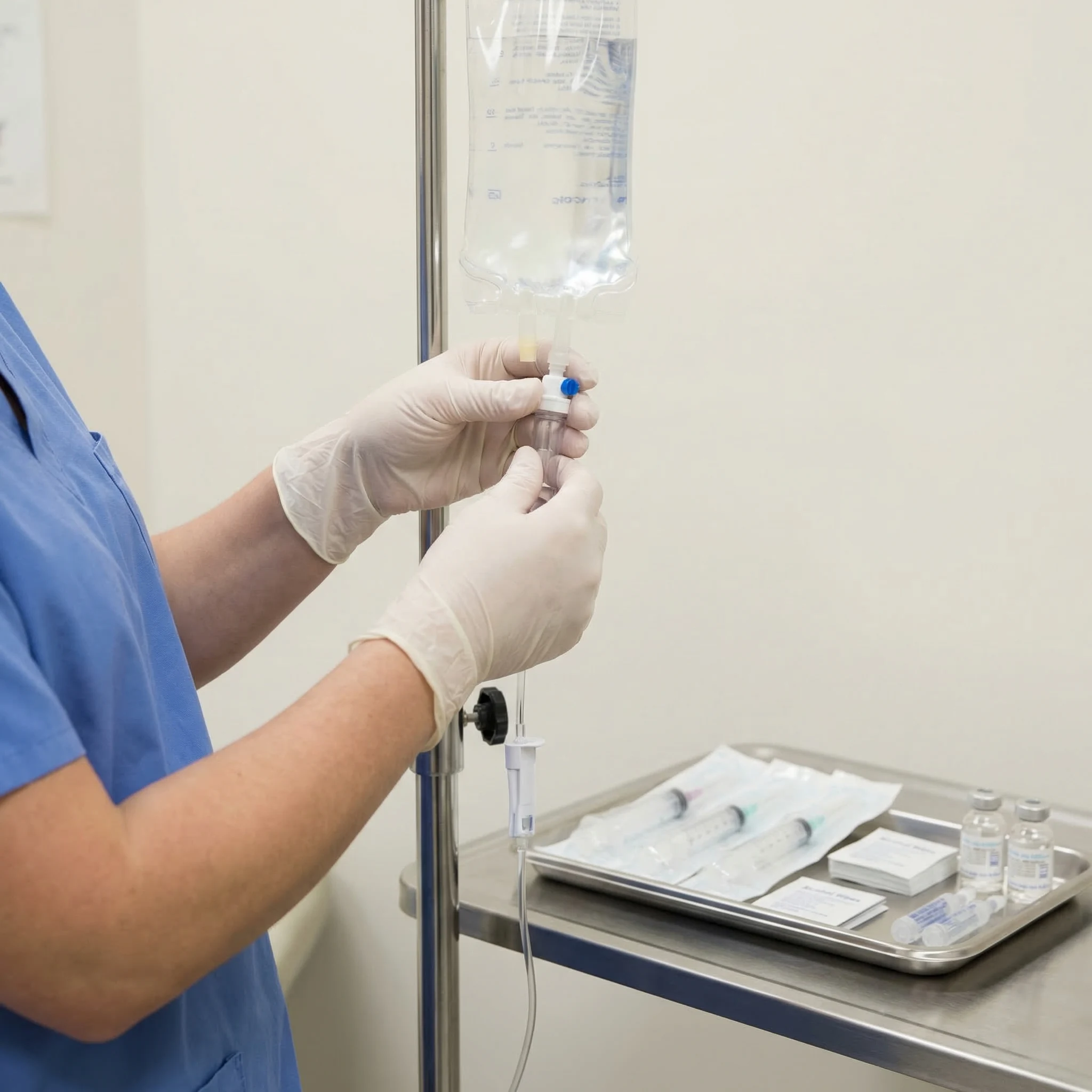 Close-up of IV bag and tubing with medical professional preparing hydration drip treatment