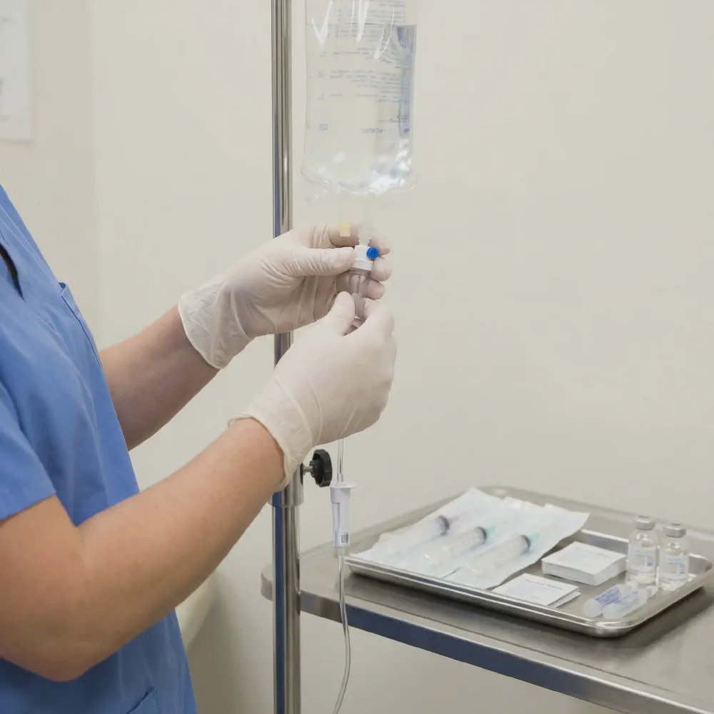 Medical professional preparing an IV hydration drip bag and tubing