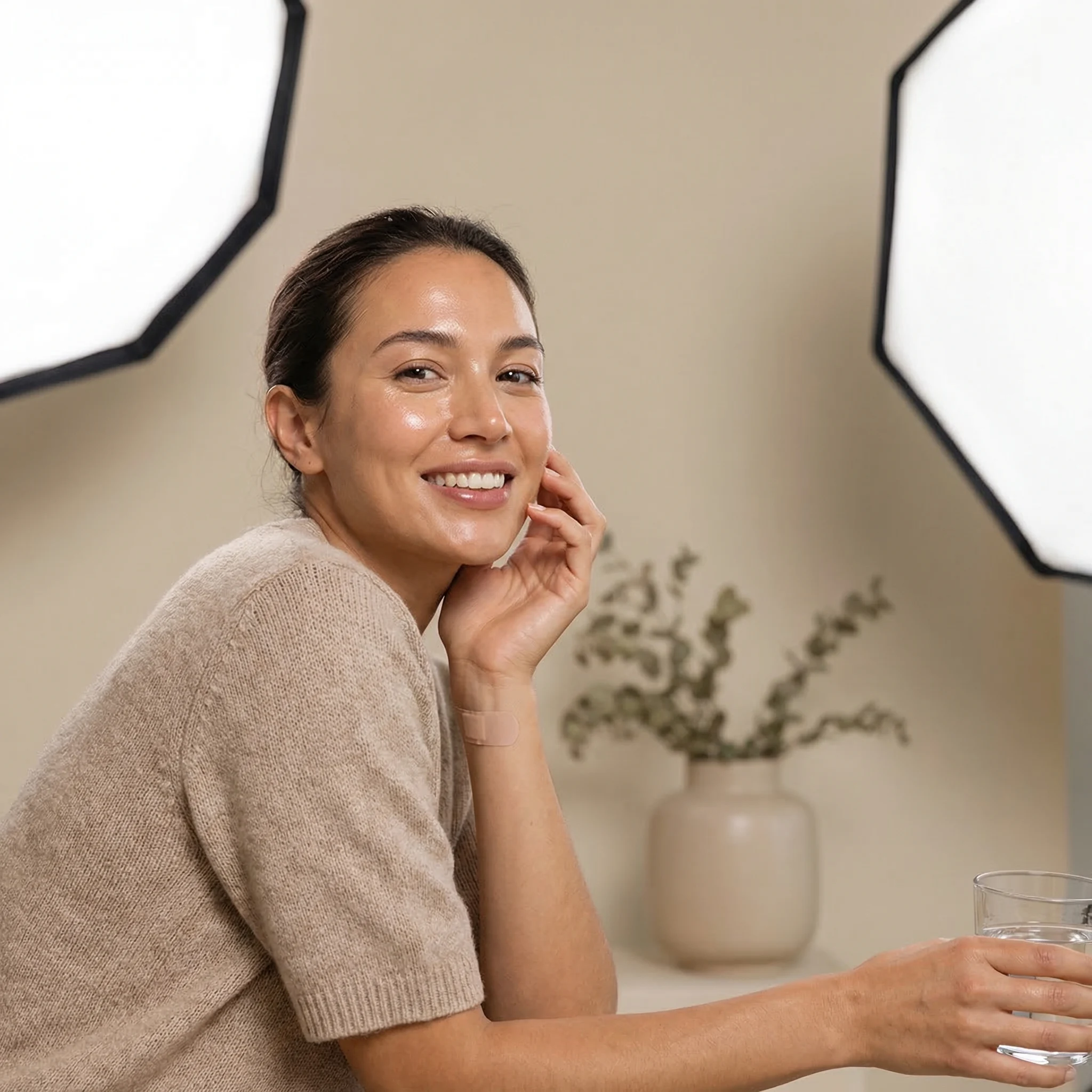Energetic healthy woman smiling with vibrant glowing skin after wellness IV therapy treatment