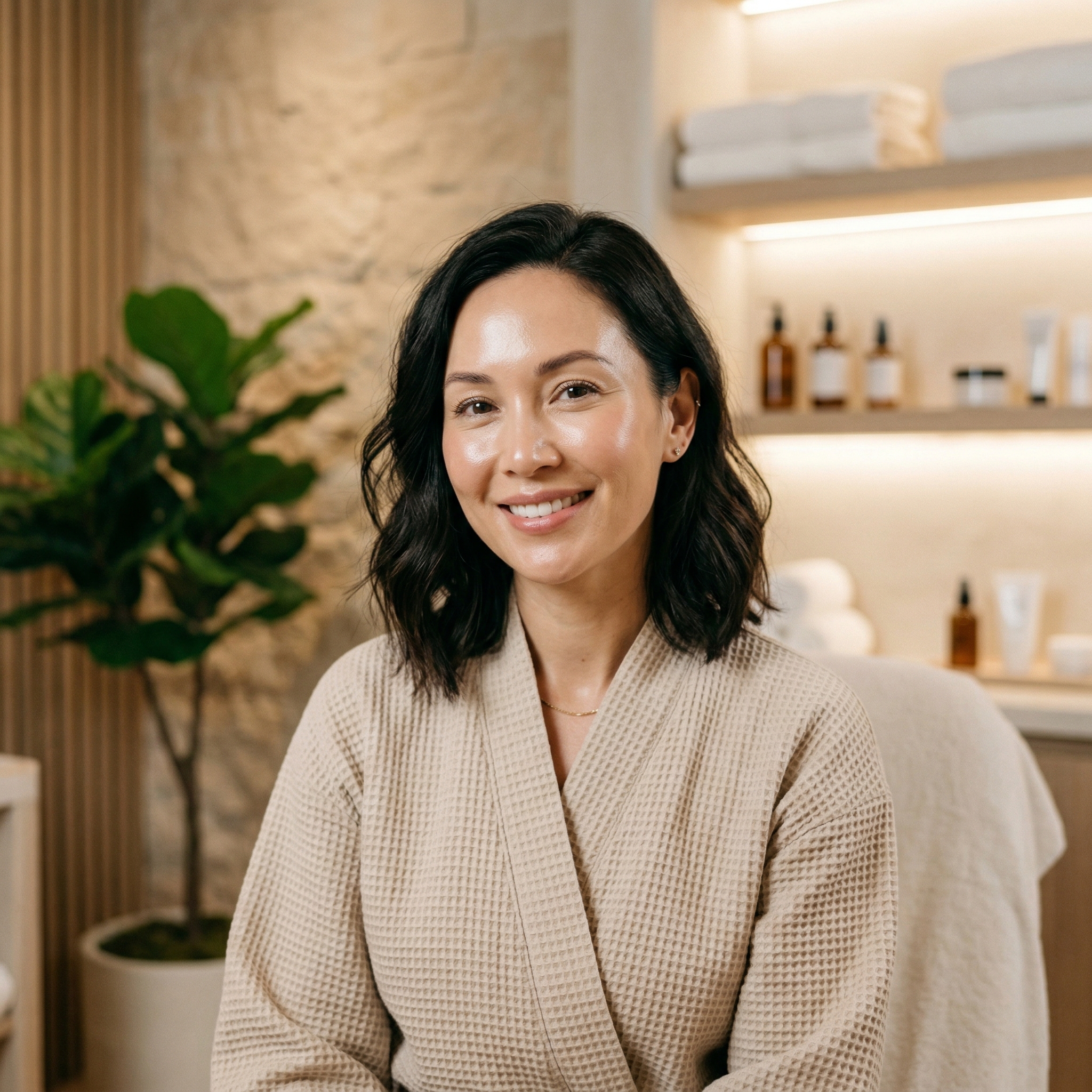 Woman with glowing smooth skin texture and natural radiant complexion after microneedling collagen induction treatment