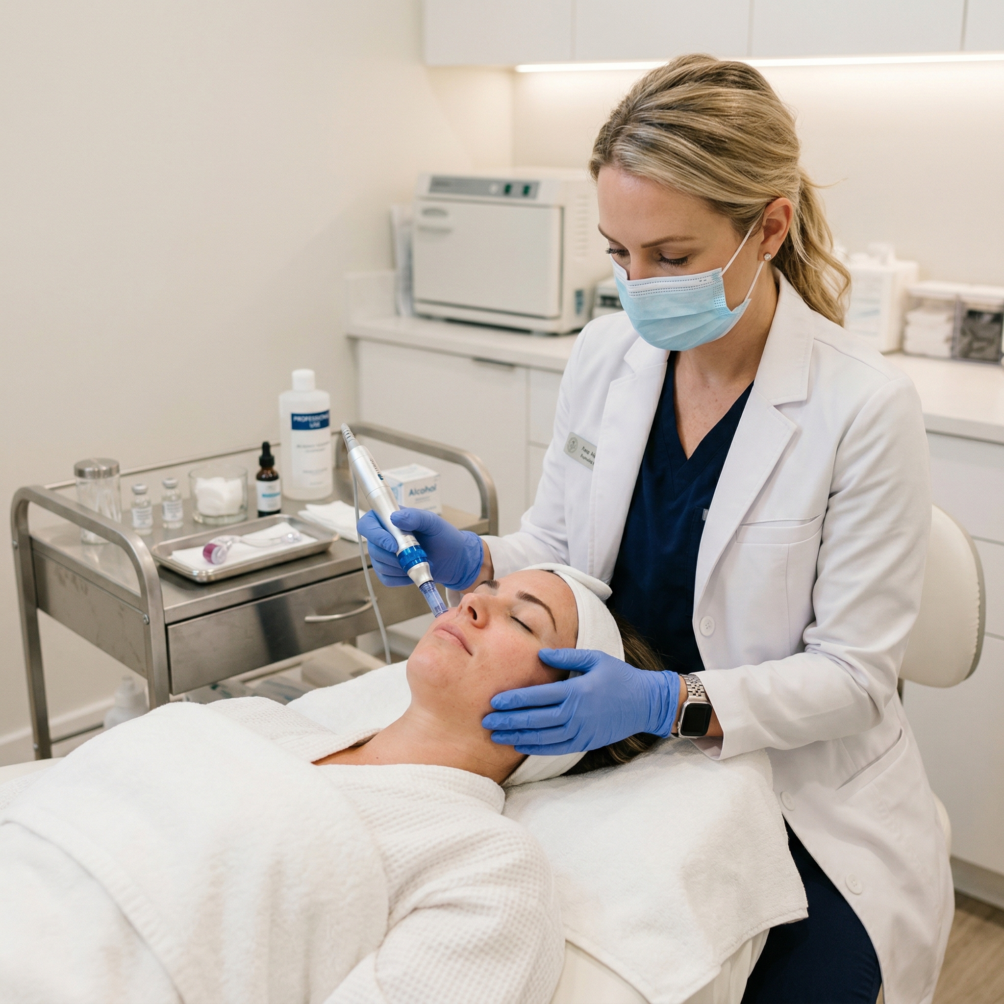 Medical professional performing microneedling treatment on client's face with sterile microneedling device in clinical setting