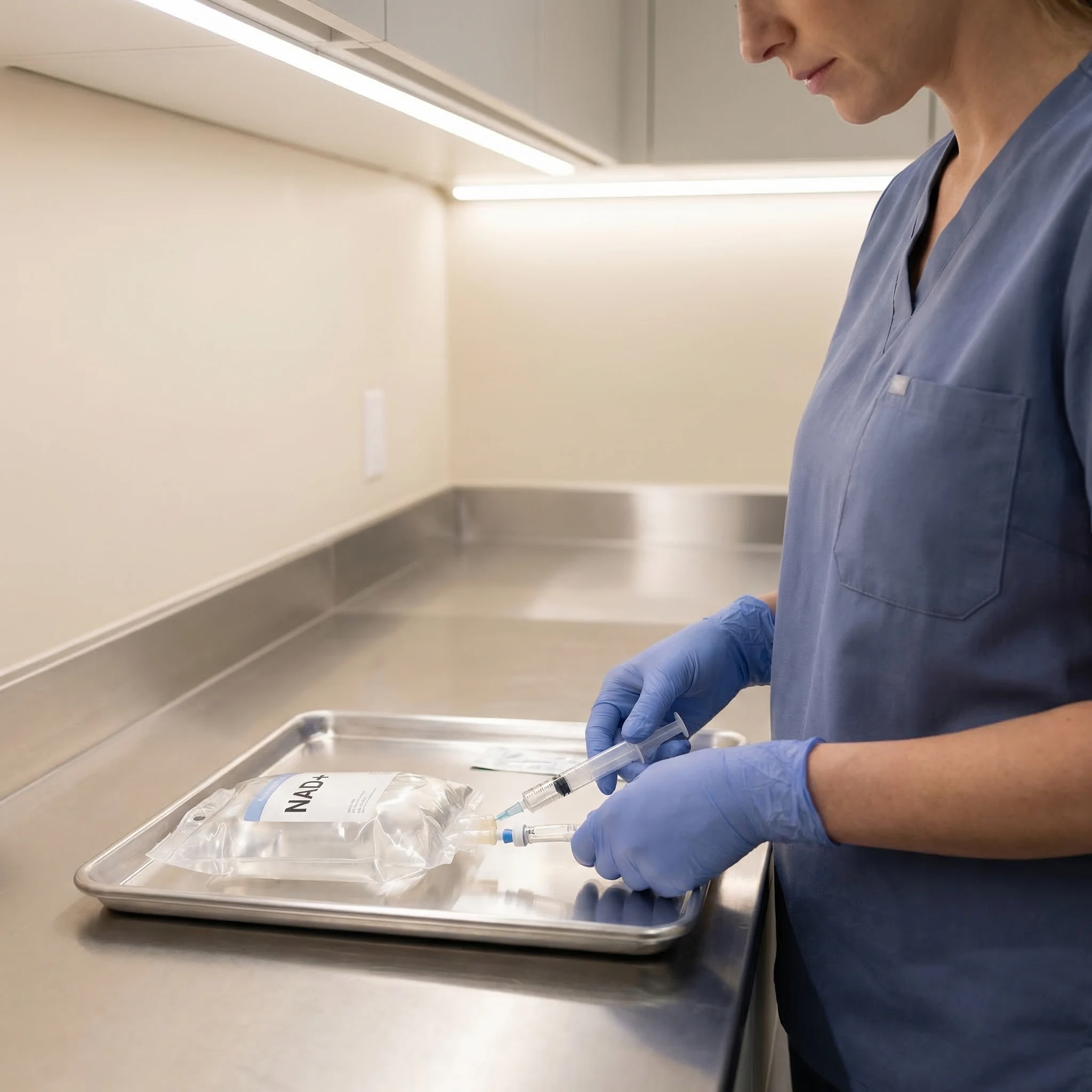 Professional medical professional preparing NAD plus IV infusion bag at modern wellness clinic