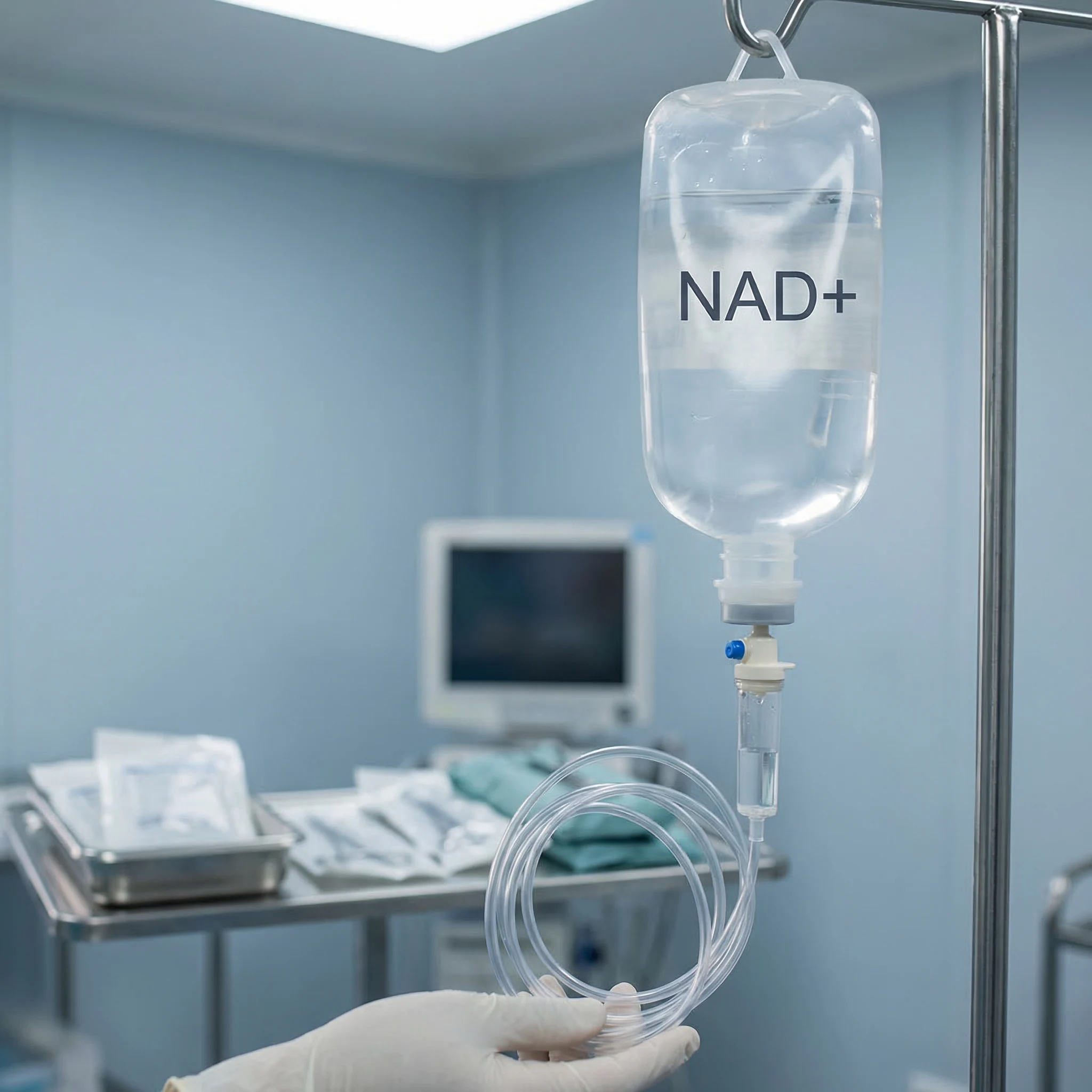 Close-up of NAD plus IV bag with clear solution and medical tubing in clinical wellness setting