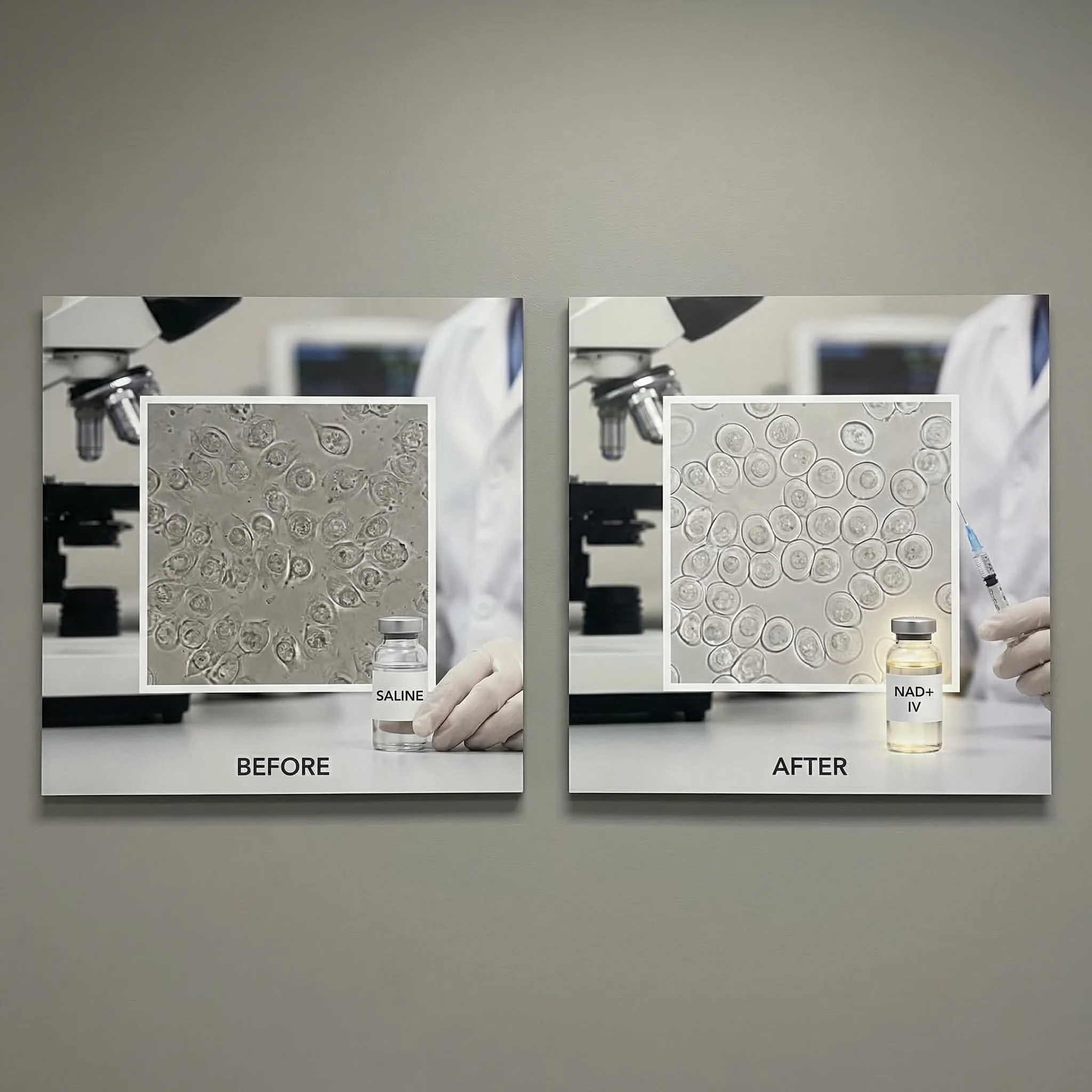 Before and after comparison showing improved vitality and energy from NAD plus IV therapy treatment