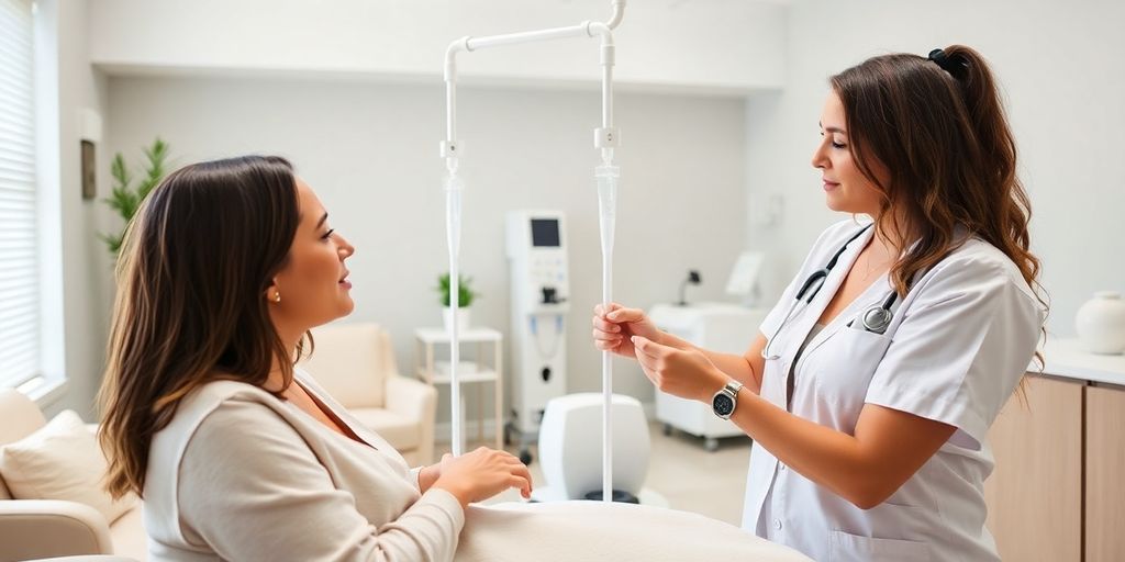 Patient receiving NAD IV therapy in a calming clinic.