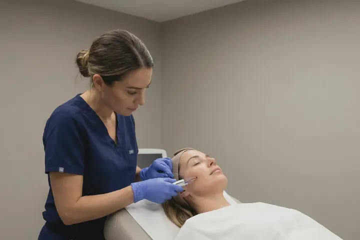 Aesthetic injector performing a PDO thread lift treatment on a woman at Beautiful Body and Beyond in Corona, CA
