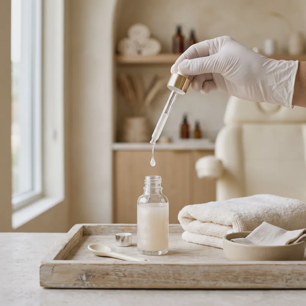 Gloved hand releasing a drop of pearlescent serum from a glass dropper into an unlabeled vial on a wooden tray