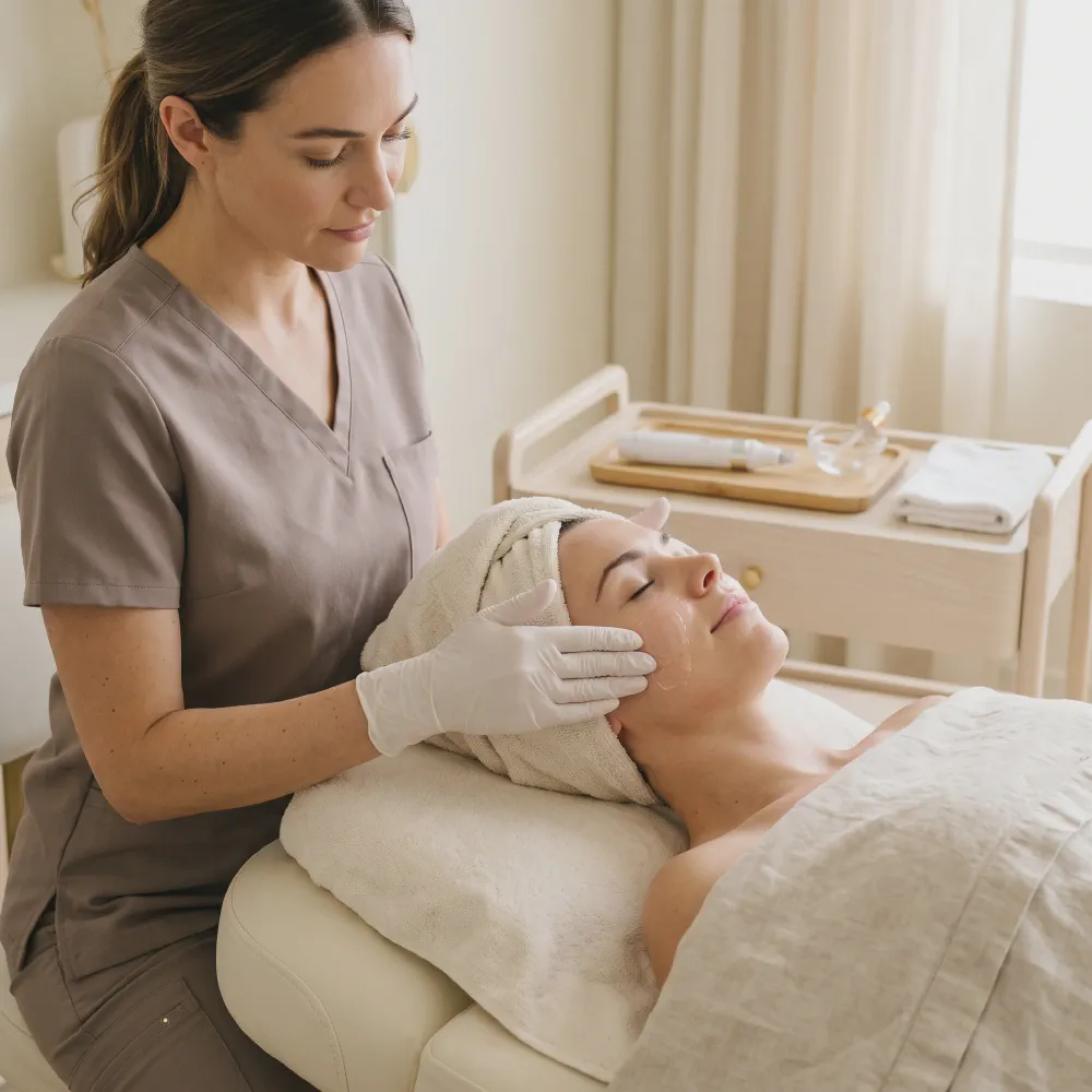 Provider in gloves gently pressing a clear serum into a relaxed client's cheek in a treatment room