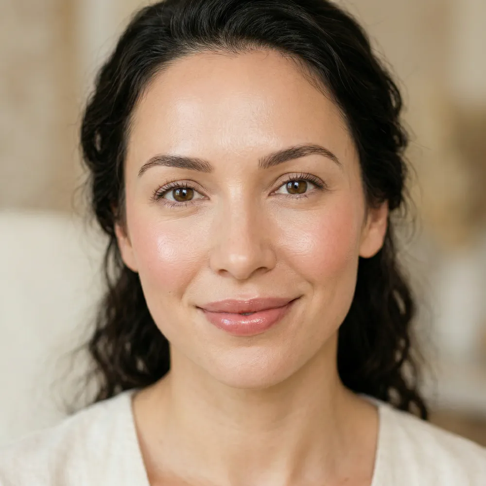 Close-up of a woman's face showing smooth skin, enhanced lips and natural dermal filler results