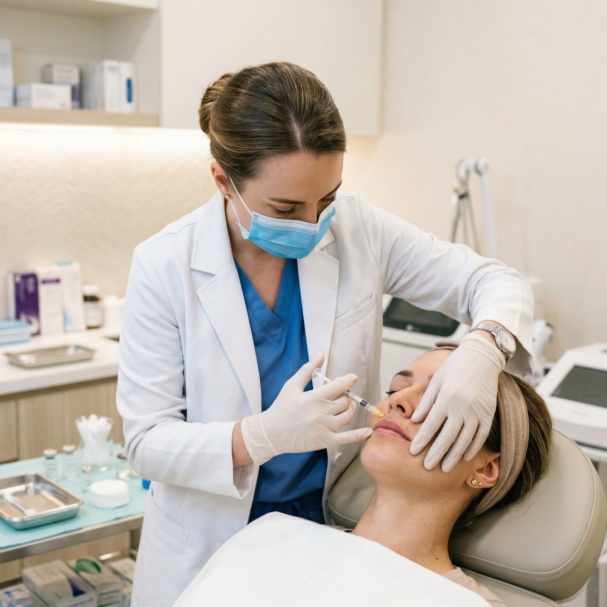 Medical professional administering Restylane dermal filler injection to client's lips or face in clinical setting