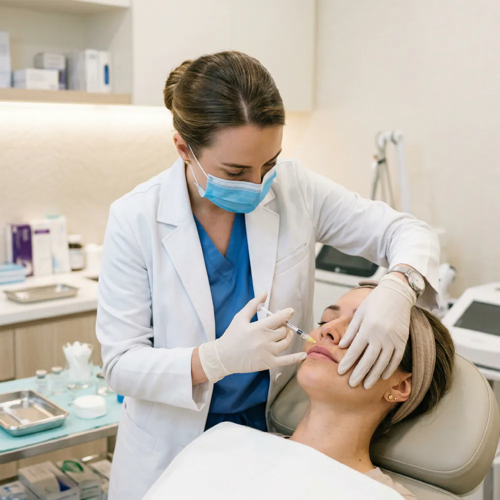 Medical professional administering a Restylane injection to a client's face in a clinical setting