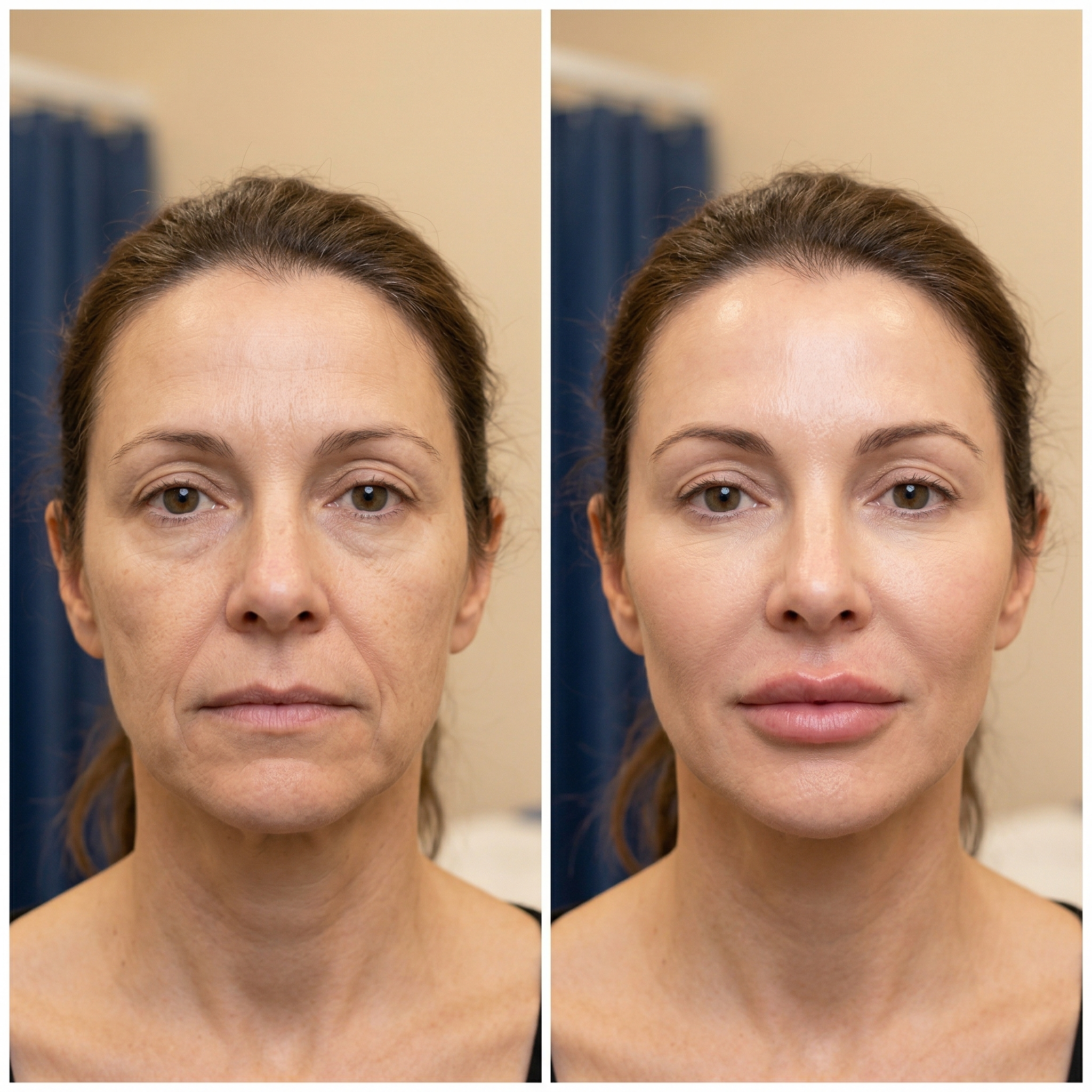 Before and after comparison showing enhanced lips, smoothed smile lines, and restored facial volume from Restylane treatment