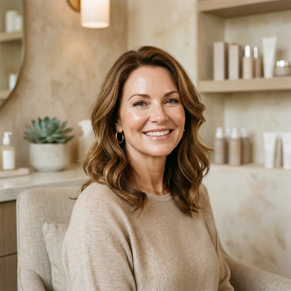 Radiant woman with smooth, volumized cheeks and a natural glow after Sculptra collagen stimulator treatment