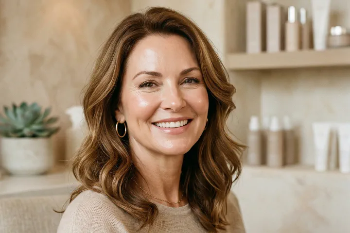 Radiant woman with smooth, volumized cheeks and a natural glow after Sculptra collagen stimulator treatment