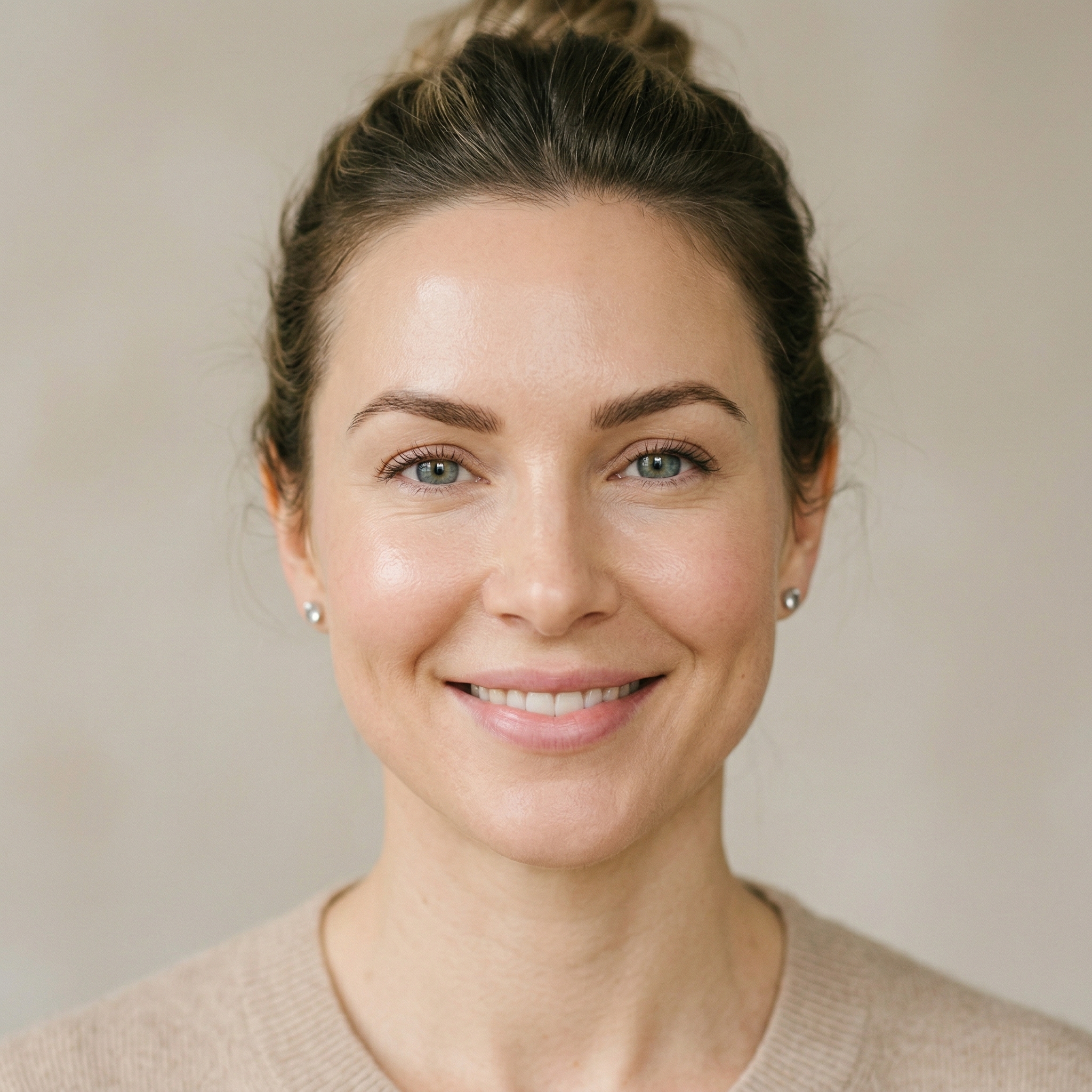Close-up of woman's face showing smooth volumized skin texture and natural collagen restoration results