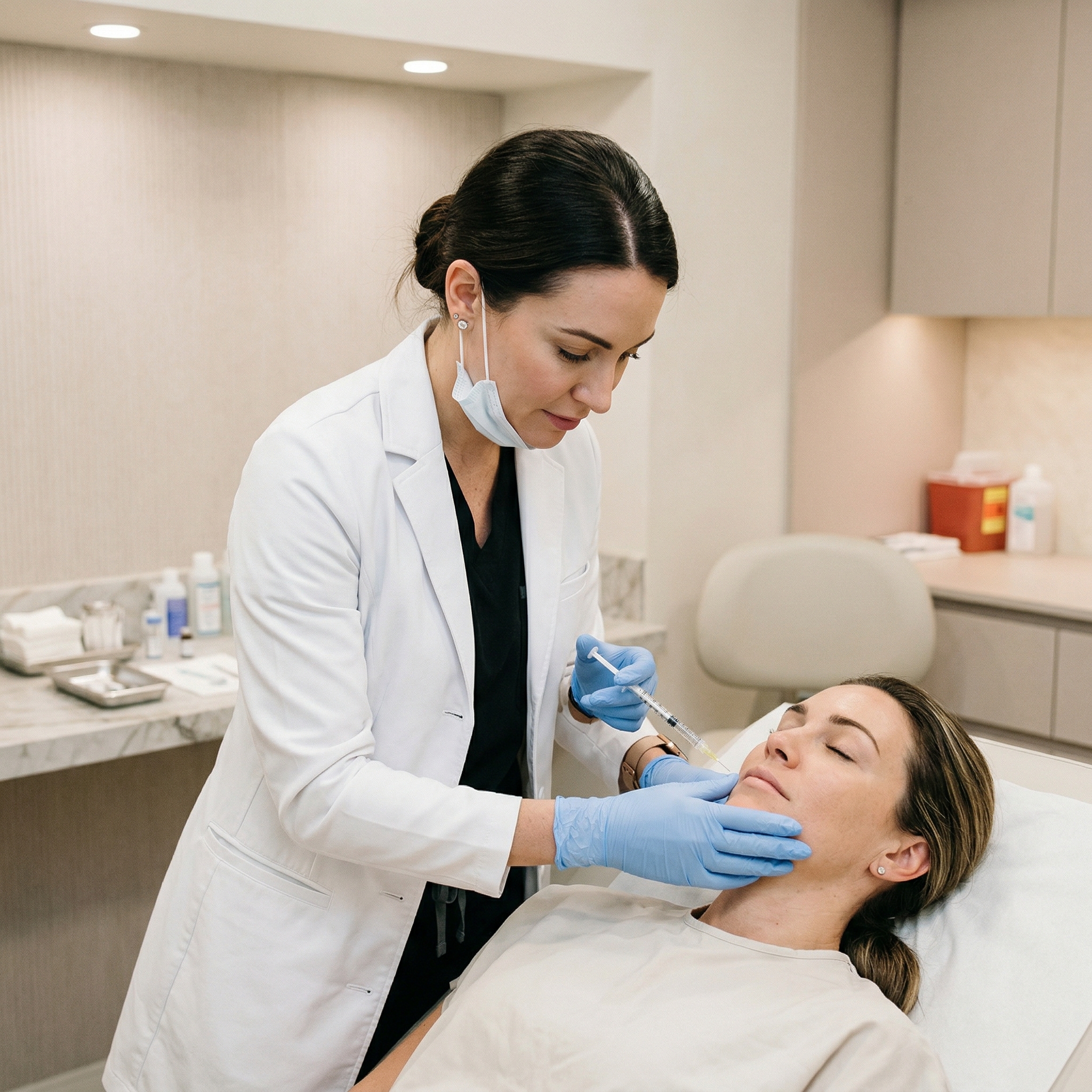 Medical professional preparing Sculptra injection or administering treatment to client's face in clinical setting