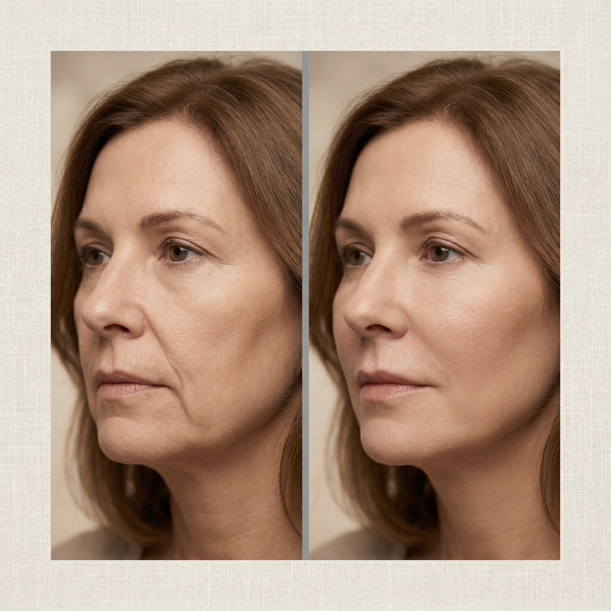 Before and after comparison showing restored facial volume and smoother skin texture from Sculptra collagen treatment