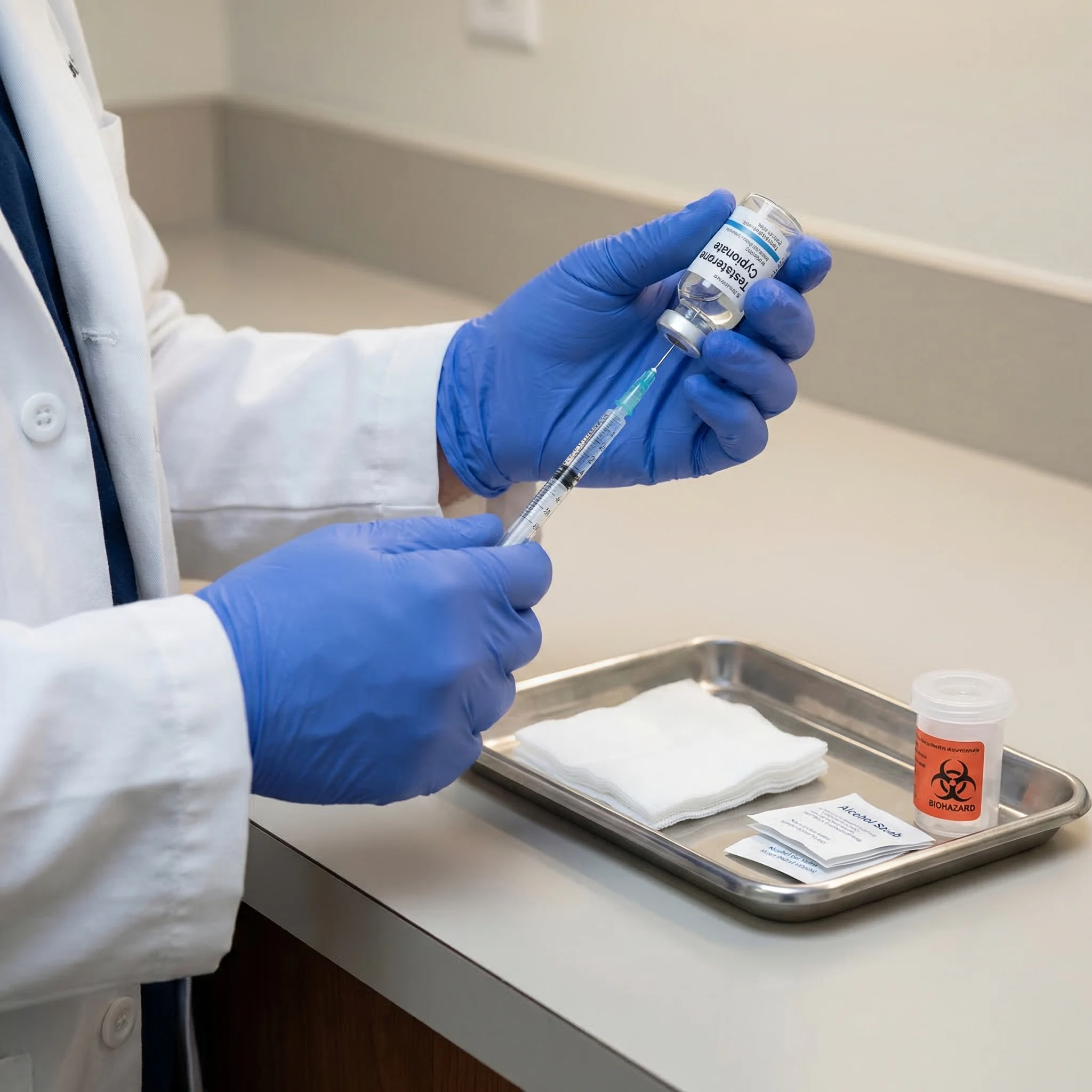 Close-up of medical professional preparing testosterone injection or treatment in clinical setting